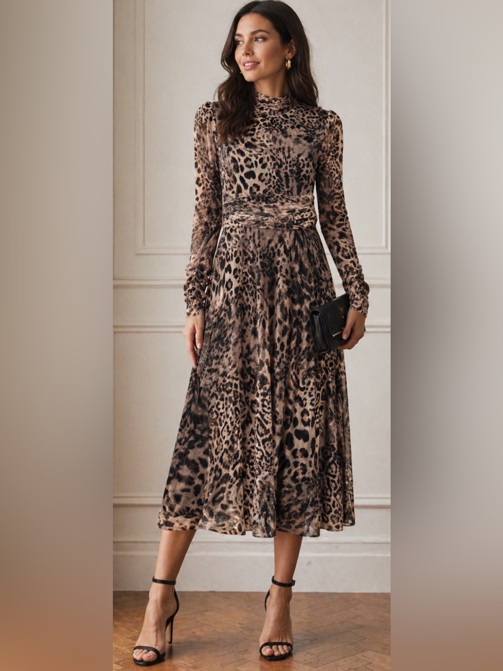 🐆 Eliza J Animal Print Midi Dress Size 8 Ruched Sleeve Mock Neck Fit & Flare